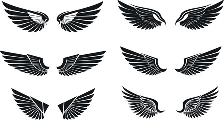 Black Wing Silhouette Vector Set for Heraldic Insignias, Aviator Badges, Angelic Emblems, and Biker Tattoo Graphic Designs © Surjo