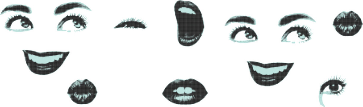 Surreal facial collage cut outs set. Artistic beauty stickers with eyes, lips, tongue and expressive features. Modern retro grunge mixed media vector illustration with doodles