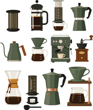 Comprehensive Collection of Professional Coffee Brewing Equipment Illustrations Featuring AeroPress, French Press, Moka Pot, Gooseneck Kettle, Chemex, Espresso Machine, and Manual Burr Grinder