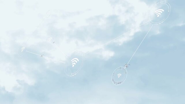 Faint ring appearing nodes lighting lines tracing drones moving wifi icons pulsing forming sky net