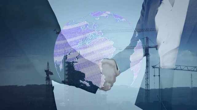 Shot framing hands pulsing globe overlay partners holding releasing handshake sealing building deal