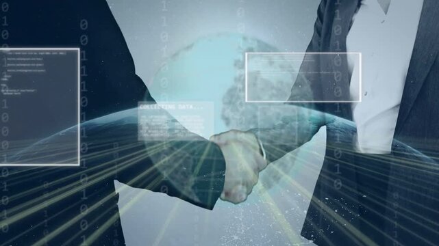 Woman and man tech execs shaking hands, sparking HUD analysing data, sealing deal, hand lowering