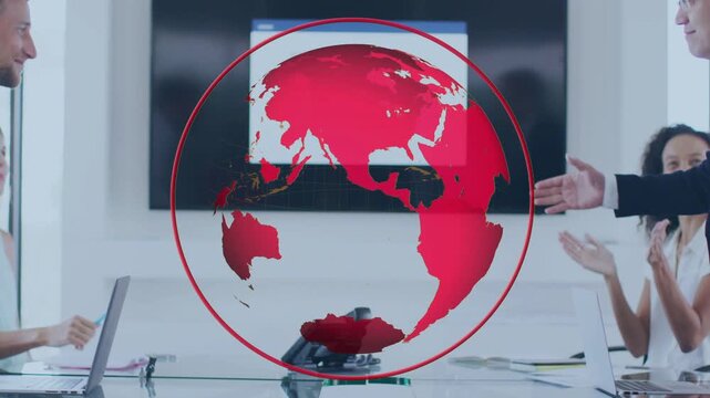 Two male execs reaching hand, shaking and closing deal at table, red globe rotating over group
