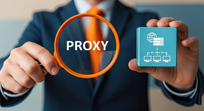 Businessman in suit holding magnifying glass with proxy text and blue device with internet network icon