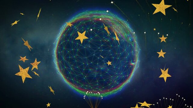 Globe emerging causing golden stars drifting, turquoise lines tracing, mesh pulsing, showing net