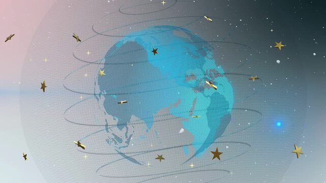 Shot pulling back from cyan dotted globe rotating, rings orbiting, stars shining showing full globe