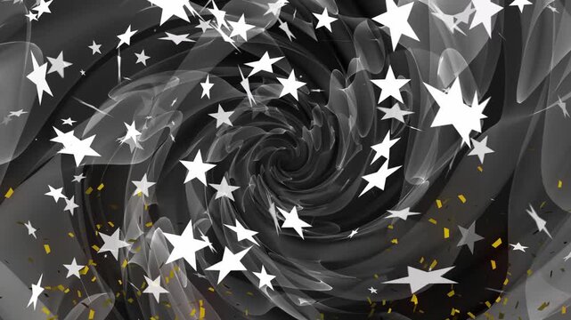Gray ribbon vortex starting spin, rotating while stars moving and gold bits scattering, celebrating