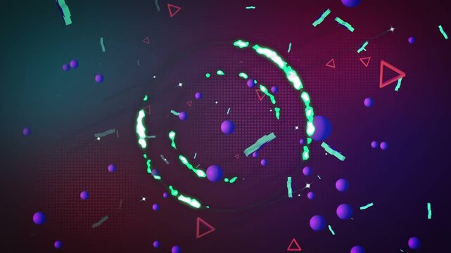 Pulse starting, neon-green rings and purple spheres rotating, pulsing, breaking, revealing depth