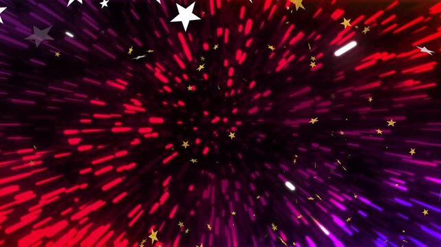 Center brightening, dense vortex elongating magenta-red streaks, gold stars drifting, making warp