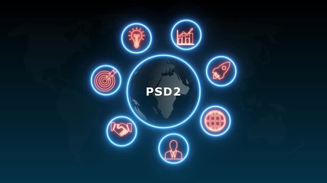 shows glowing neon line banner of PSD2 concept with icons of business, responsibility, customers, integrity, goals, teamwork, commitment and innovation .4k video animation