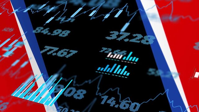 Camera zooming, black ticker panel flashing cyan numbers and bars, ribbons sliding to reveal trends