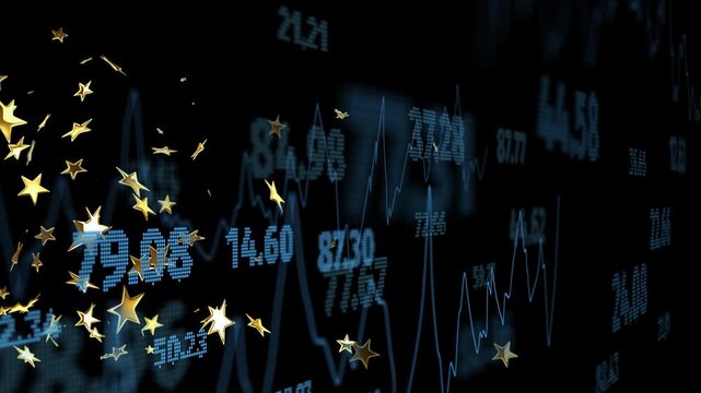 Cluster appearing left, gold stars drifting across dark finance display, highlighting blue tickers