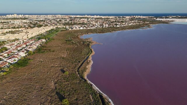 Aerial View of Pink Salt Lake Laguna Rosa in Torrevieja