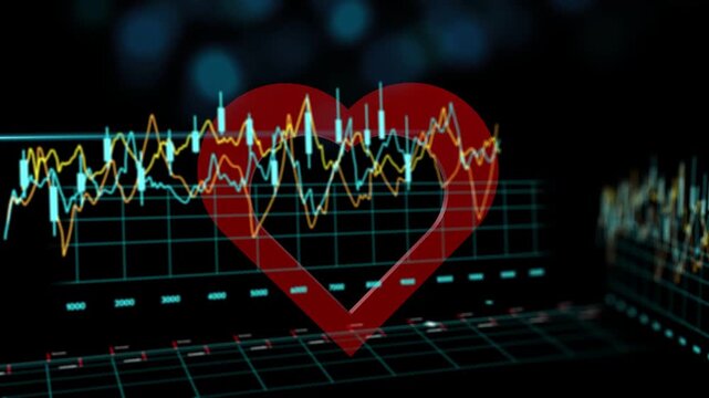 Playback starting, red 3D heart rotating and elongating over grid, visualizing live health data