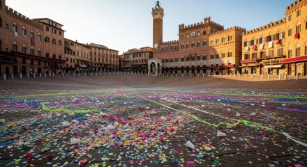 Obraz premium Confetti scattered on Piazza del Campo square in Siena after festival