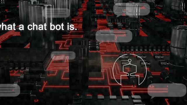 User icon appearing, initiating prompt revealing to ask chat bot, robot replying over circuit board