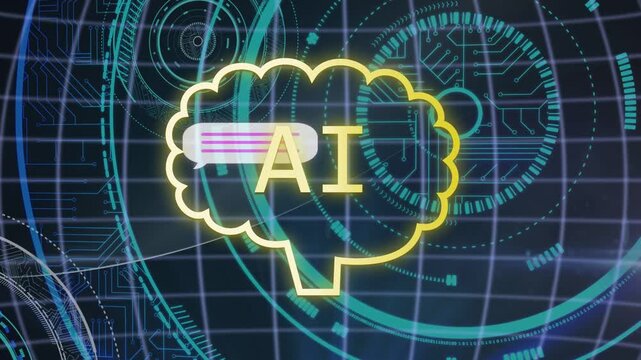 Yellow-outlined AI brain receiving left bubble, streaming binary for processing as thumbs looping
