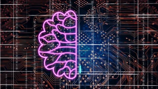 Magenta stroke starting center tracing left and cyan stroke drawing right linking AI chip for demo