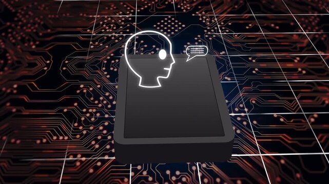Neon head appearing above module, forming speech then swapping to AI cloud, visualizing processing