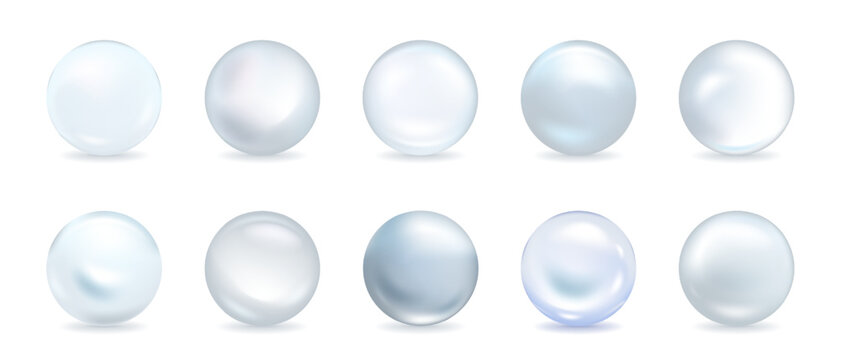 Realistic glass sphere collection with pearl-like texture. Glossy 3D balls in gold, silver, chrome finishes. Shiny bead set with metallic reflections and transparent crystal surfaces.