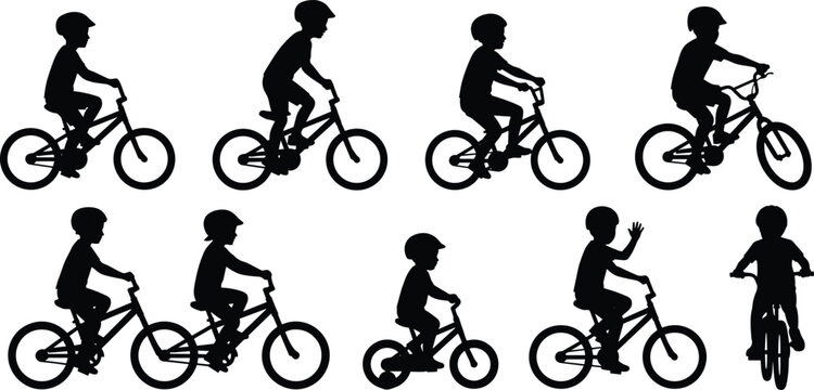 Kids Bicycle Riding Silhouette Collection Featuring Children Cycling Outdoor Recreation Sports Activity and Healthy Lifestyle Adventures