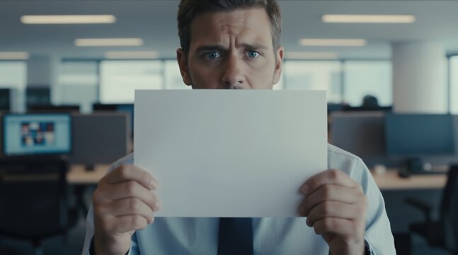 Man in office holds blank white paper covering his face. Concerned eyes look at camera. Modern workspace backdrop. Pro shows empty document.