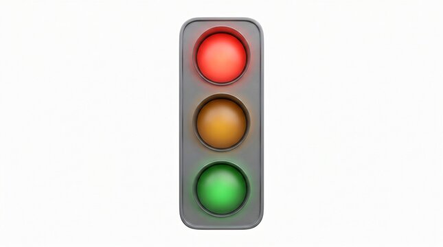 Modern traffic light signal with red yellow and green illumination isolated against plain white back.