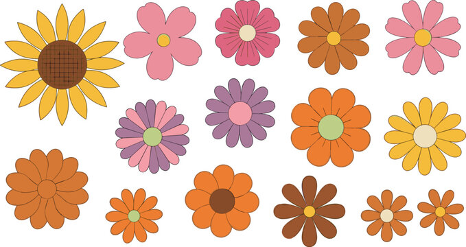 Collection of Retro Groovy Floral Icons and Flat Hippie Flower Designs for 70s Style Patterns and Vintage Aesthetic Graphics