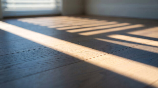 Long Parallel Blind Shadows on Hardwood Floor &ndash; Stretch of Light Macro &ndash; Afternoon Geometry &ndash; Hard Low‑Angle Window Sun