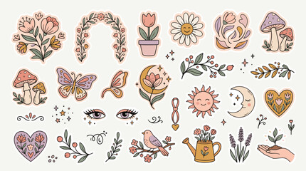 Retro boho sticker set with 25 floral elements, vintage aesthetic botanical illustrations, cottagecore celestial icons and garden nature vectors © DesignAura