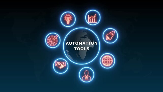 shows glowing neon line banner of AUTOMATION TOOLS concept with icons of business, responsibility, customers, integrity, goals, teamwork, commitment and innovation .4k video animation