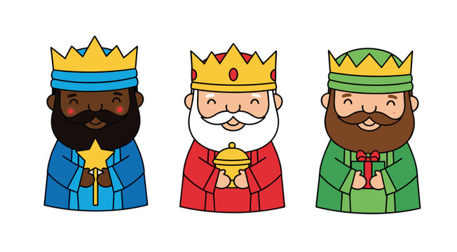 Cute Three Wise Men Cartoon Character Set with Epiphany Christmas Holiday Kings for Nativity Scene and Greeting Card Graphic Designs