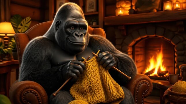 A majestic silverback gorilla relaxes in an armchair by a cozy fireplace while knitting with yellow wool, creating a warm cinematic scene in a rustic home cabin interior for winter imagery.