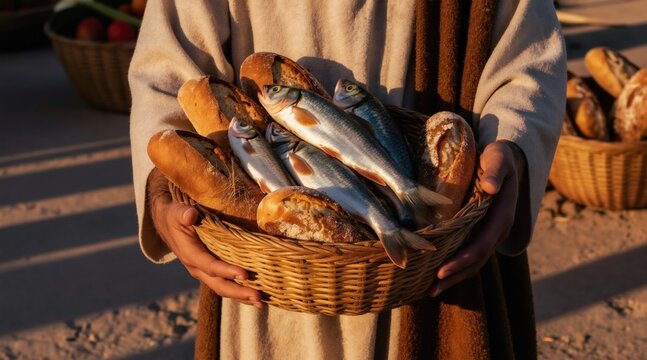 Jesus holds basket with fish and loaves of bread. Biblical scene shows miracle of feeding multitude. Divine provision and sustenance is offered to followers.