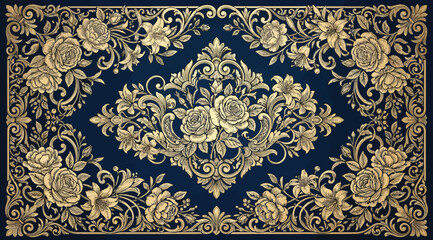 Luxury golden floral composition with roses and lilies on a dark blue background © Saharia
