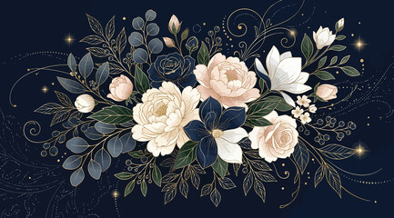 Elegant floral arrangement with peonies and roses in navy blue and soft pastel colors on a dark background © Saharia