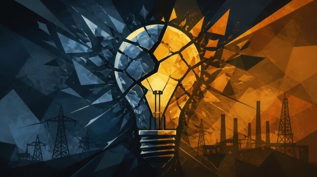 Dynamic vector shards colliding to form an abstract light bulb composition, featuring dual toned energy transmission themes for modern industrial design and conceptual energy wallpaper projects.