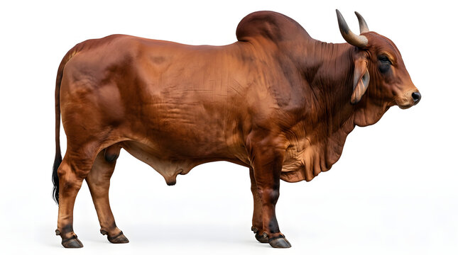 Large brown Brahman bull with hump standing in profile isolated on white background.