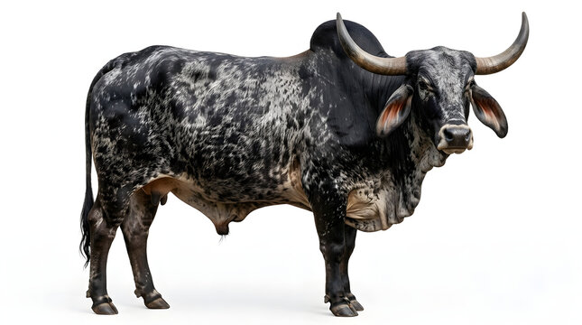 Large spotted Brahman bull with hump and horns standing in profile isolated on white background.