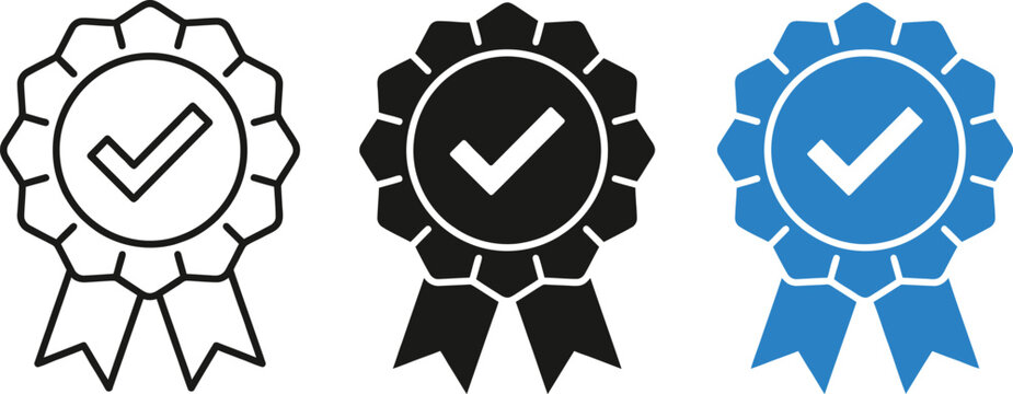 Award ribbon icon set line art solid black and blue fill variations