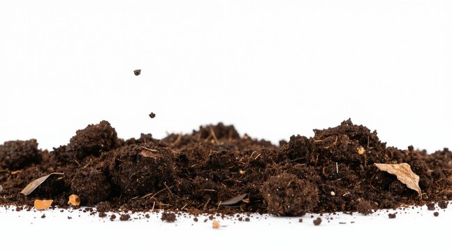 Loose dark soil pile with small bits flying in air. Natural ground earth material for planting and gardening. Organic texture for background composition.
