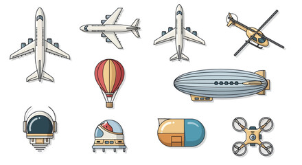 Various Aircraft and Aviation Icons: Airplane, Helicopter, Drone, Hot Air Balloon, Blimp, Helmet © Beat