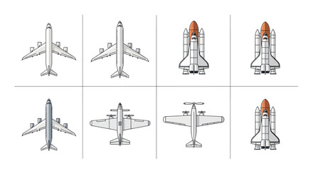 Obraz premium Various Aircraft and Space Shuttle Collection Top View Icons