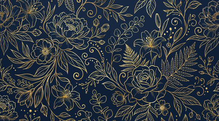 Seamless floral pattern with golden roses, lilies, and ferns on a dark blue background © Saharia