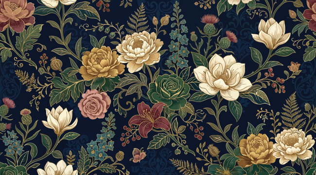 Seamless vintage floral pattern with colorful flowers and leaves on a dark blue background