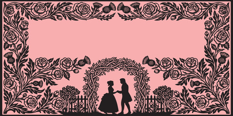 Romantic Silhouette: A loving couple stands beneath a floral arch, their silhouettes framed by an intricate, ornamental border, exuding the elegance and romance of a cherished moment. ©  sTuDiO Banner 