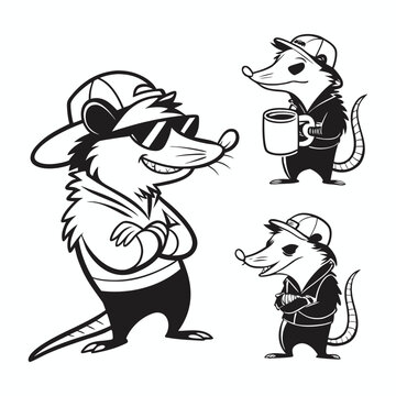 Black and White Woodcut Style Opossum Mascot Vector Character Sheet with Multiple Poses