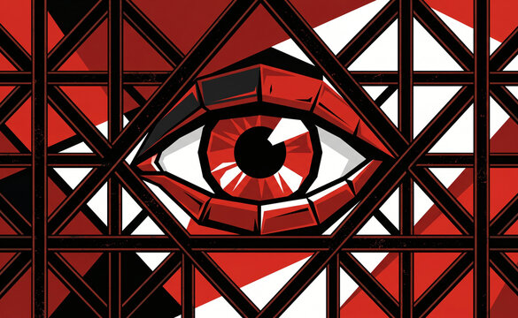 Neo-constructivist art of a massive red eye staring through a geometric industrial grid