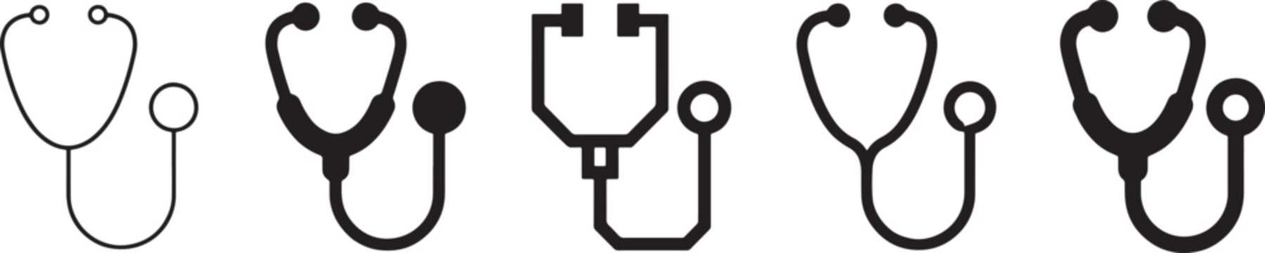 Set of five different black stethoscope icons in various artistic styles including minimal thin line outline, bold solid silhouette, geometric outline, rounded stroke and bold line style Vector