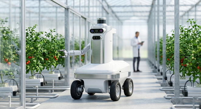 Smart farm robot tending to tomato plants in a modern greenhouse, showcasing advanced agricultural technology.